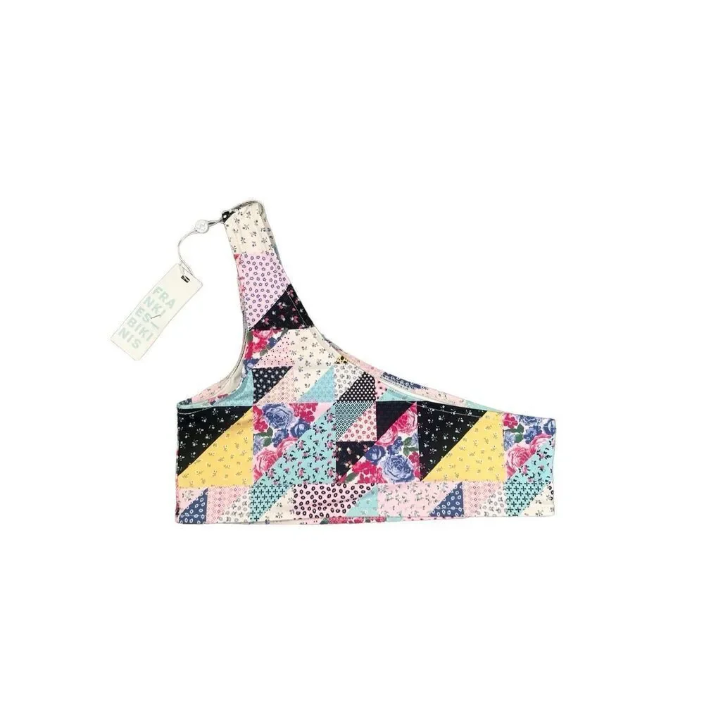 NWT Frankies Bikinis Barb One Shoulder Bikini Top in Patchwork Multi Pattern S